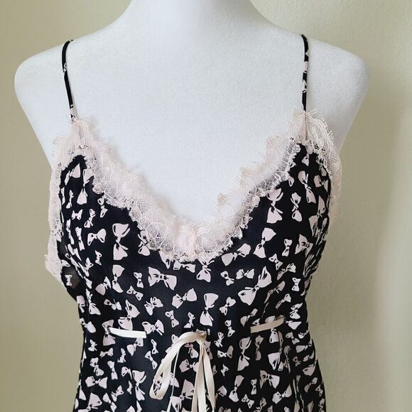 Fantasies Morgan Taylor Slip Dress Chemise Small Pink Bow Print Lace Nightie - Picture 2 of 9